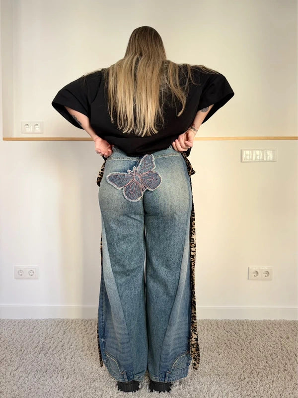 Custom animal print double denim trousers