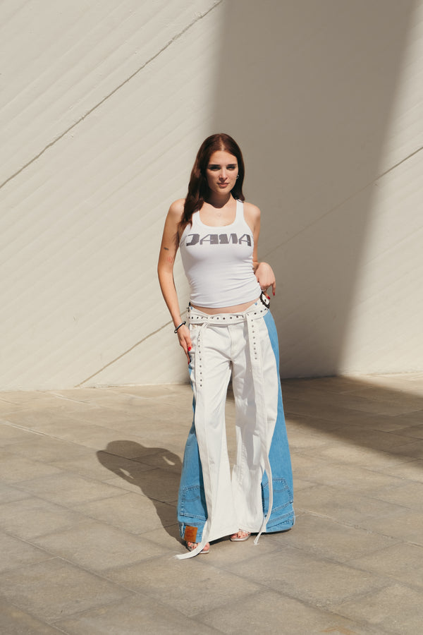 Blue and White Pants with Belt