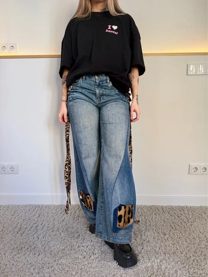 Custom animal print double denim trousers