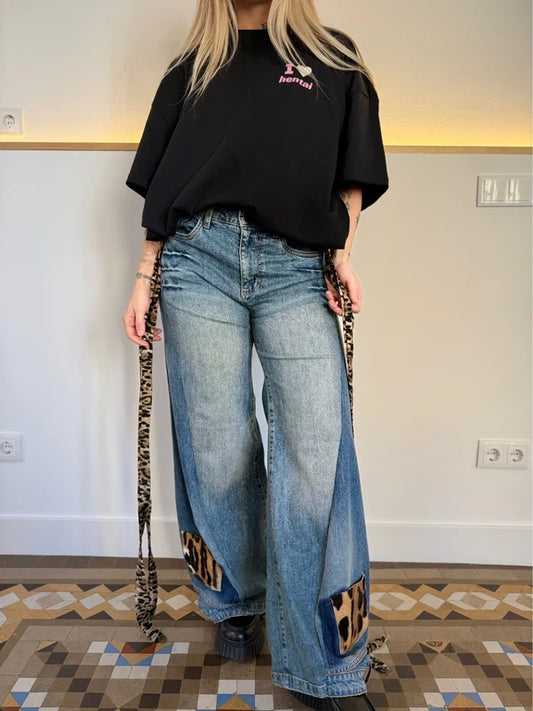 Custom animal print double denim trousers