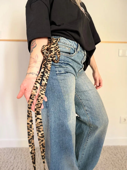 Custom animal print double denim trousers