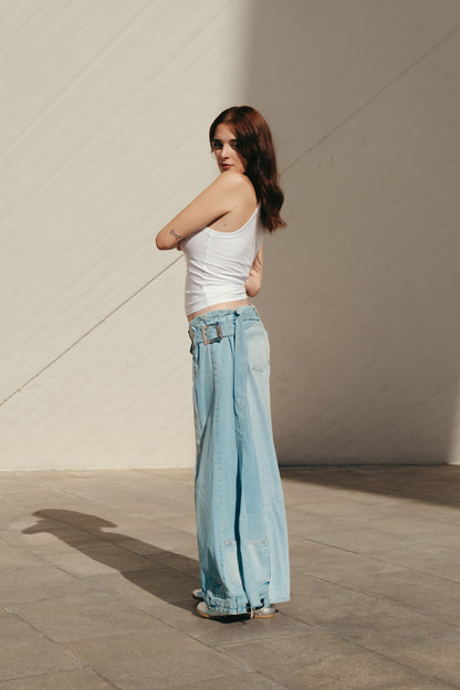 Light Blue Double Buckle Pants
